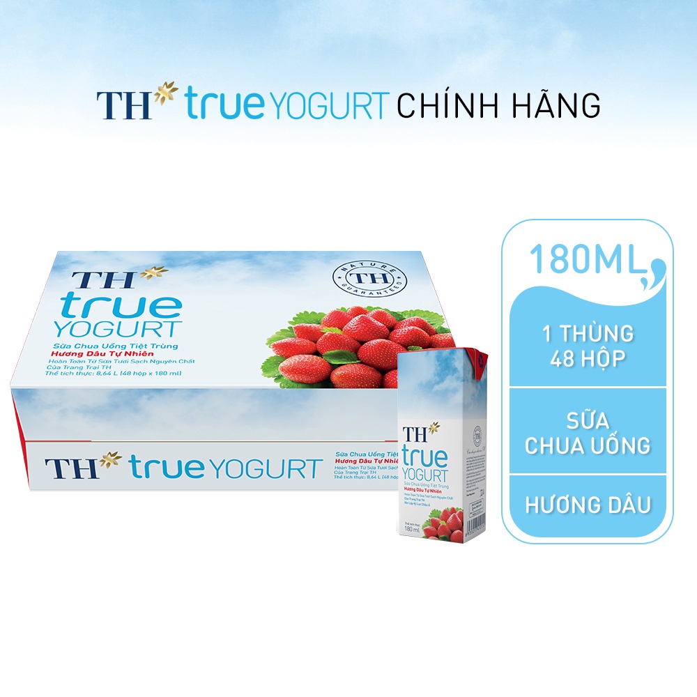 Thùng 48 Hộp Sữa Chua Uống Tiệt Trùng Hương Dâu Tự Nhiên TH True Yogurt 180ml