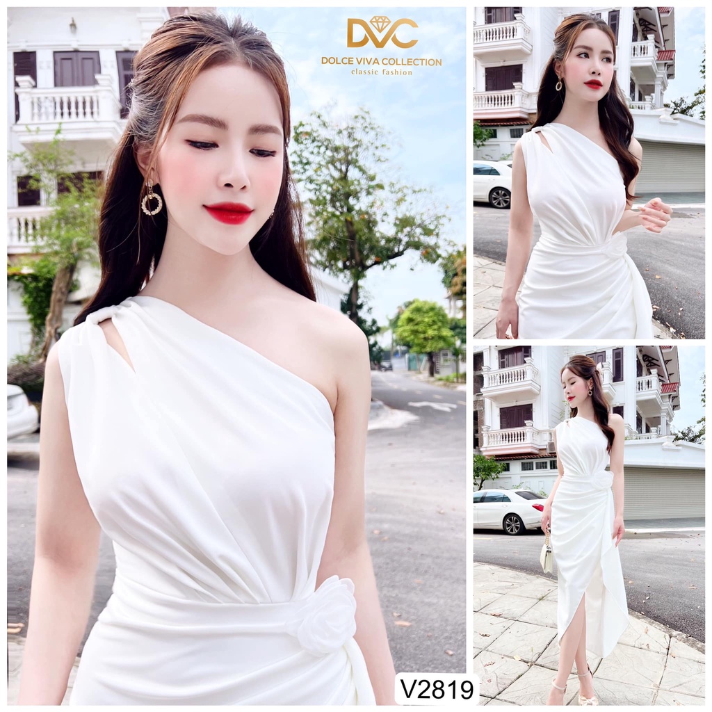 Váy trắng dáng body lệch vai nhún eo sang chảnh V2819