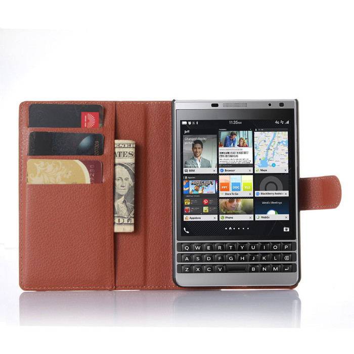 Bao Da Điện Thoại Nắp Gập Kiêm Ví Tiền Màu Bạc Cho Blackberry Passport