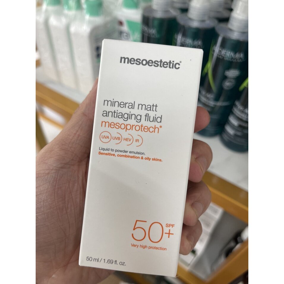 Kem chống nắng Mesoestetic Mineral Matt Antiaging Fluid Mesoprotech và Light Water Antiaging Veil  SPF50+
