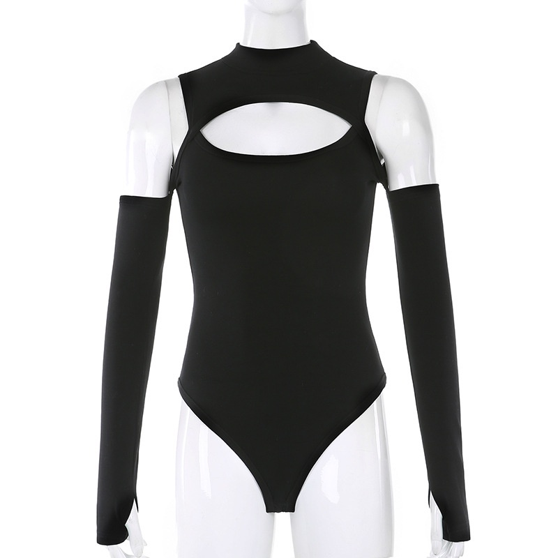 Áo bodysuit dài tay cắt hở ngực, vai quyến rũ thể thao Châu Âu, áo tập nhảy sexy dance, gym đen trắng