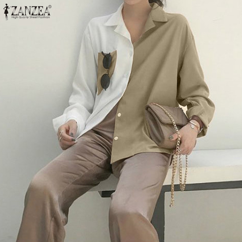 ZANZEA Áo sơ mi nữ cài nút trước thiết kế chắp vá thời trang