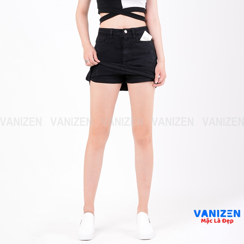 Chân váy jean nữ có quần bên trong đẹp lưng cao cạp cao màu đen trắng rách hàng hiệu cao cấp mã 410 VANIZEN