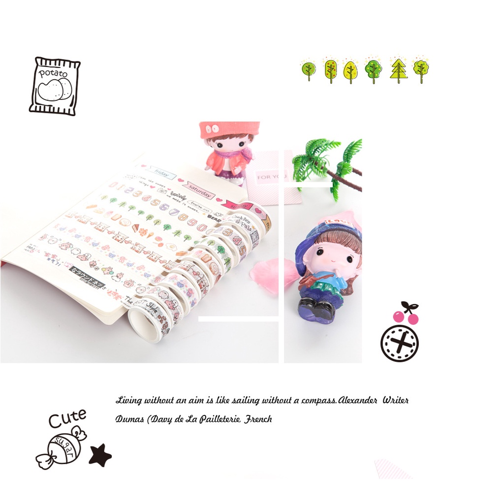 Set 10 cuộn washi tape caro trang trí hoạt hình cute ngộ nghĩnh hàn quốc
