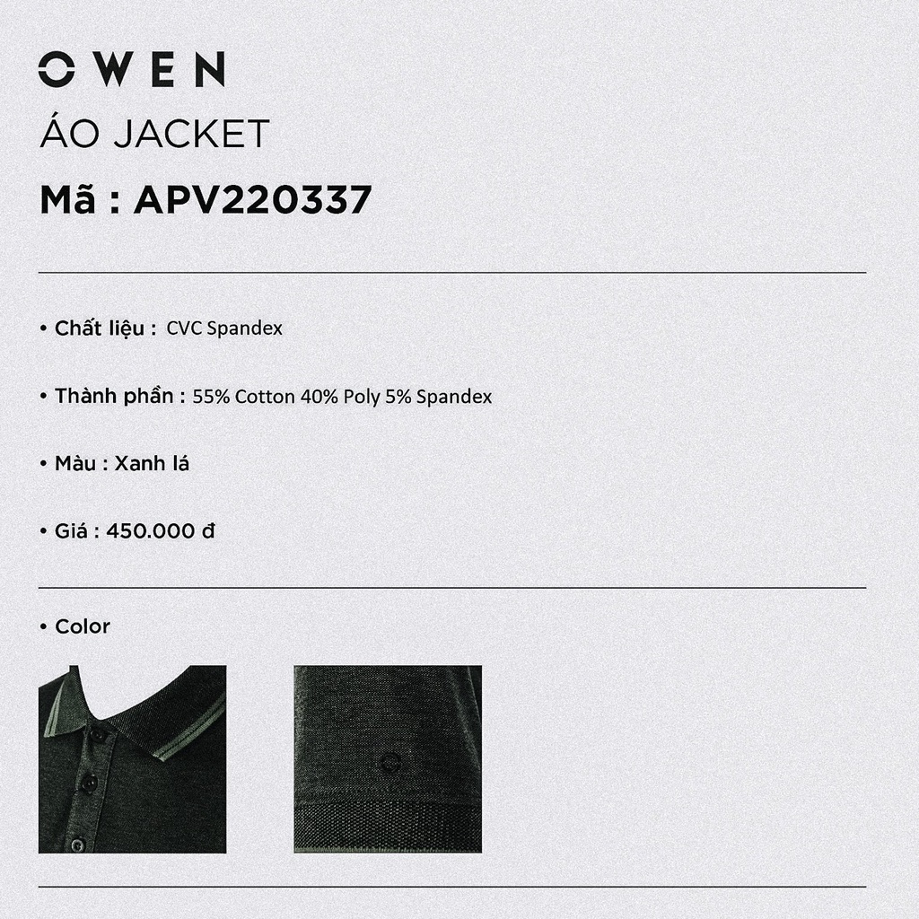 Áo thun nam có cổ bẻ polo OWEN APV220337 phông ngắn tay hàng hiệu cao cấp dáng body fit màu xanh lá viền cổ vải cotton