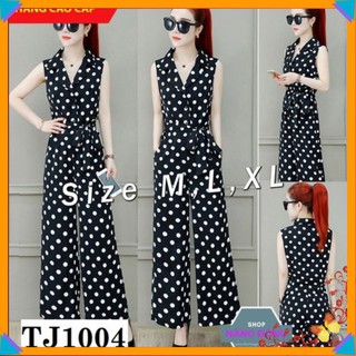 Đồ Bay Đẹp 🌸FREESHIP🌸 Jumpsuit dài chấm bi ống suông cổ sơ mi thắt nơ eo TJ1004