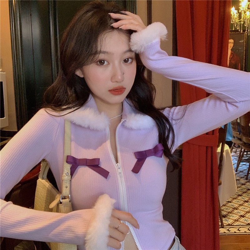 Áo lửng tay dài phối khoá kéo đính nơ dễ thương thời trang mùa đông