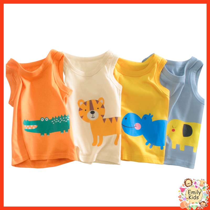 Áo Thun Cotton Không Tay Thấm Hút Mồ Hôi In Hình Động Vật Hoạt Hình Cho Bé 1-9 Tuổi