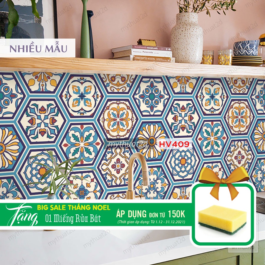 Decal gạch bông dán bếp, tường, nhà tắm, trang trí tiệm quầy quán CB0521, set 1 mét dài