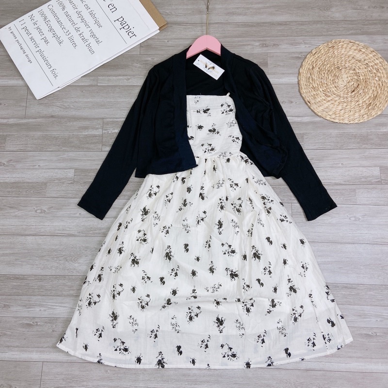 Set Váy 2 Dây Hoa Dáng Dài Kèm Áo Khoác Cadigan Đen Set Tiểu Thư Hoa