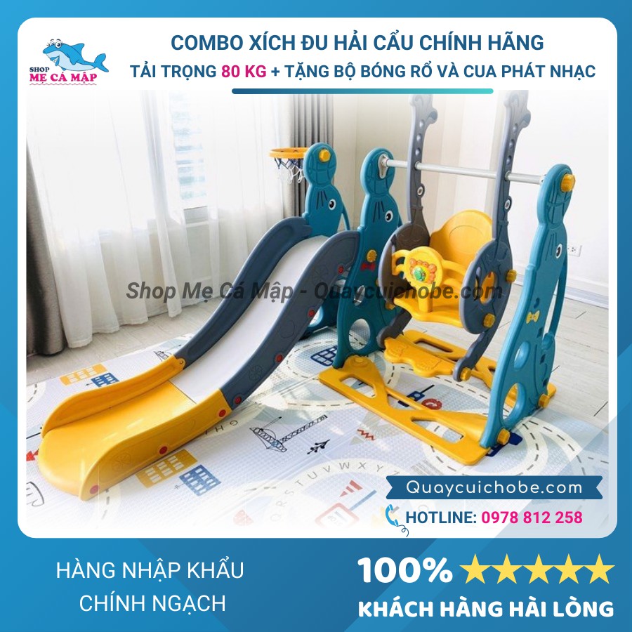 Combo cầu trượt xích đu Hải Cẩu, TẶNG KÈM BỘ BÓNG RỔ và cua phát nhạc