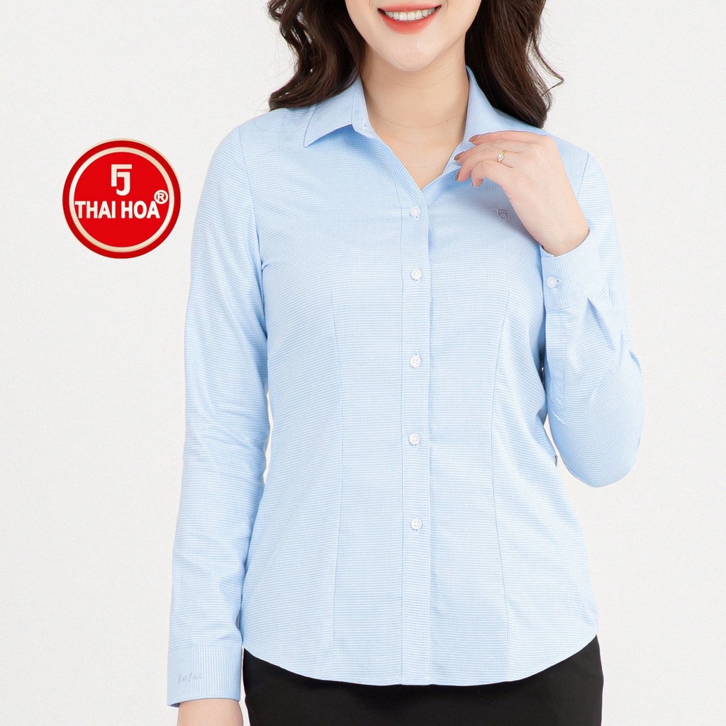 Áo sơ mi nữ Thái Hòa 65-14-01 kẻ xanh dương nhạt dài tay cotton