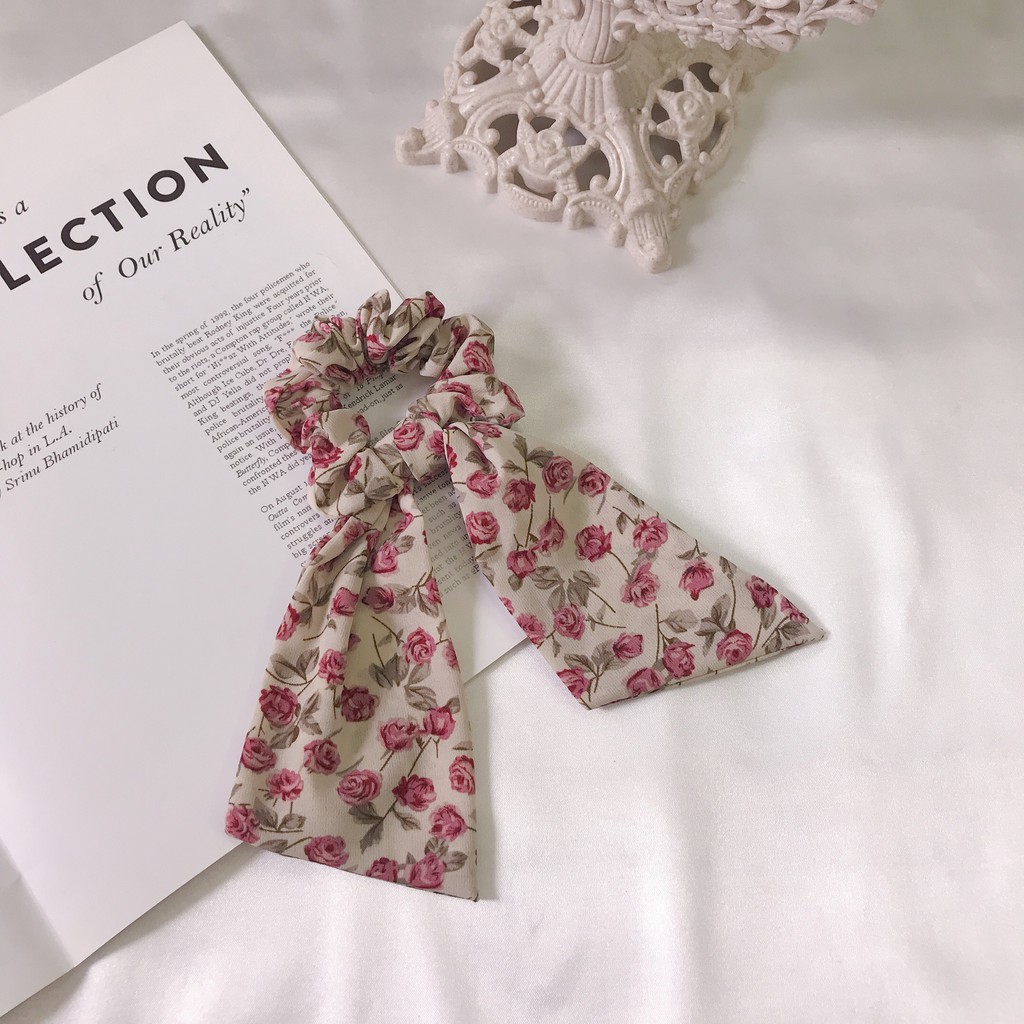 Dây buộc tóc ribbon scrunchies hoa hồng vinatge