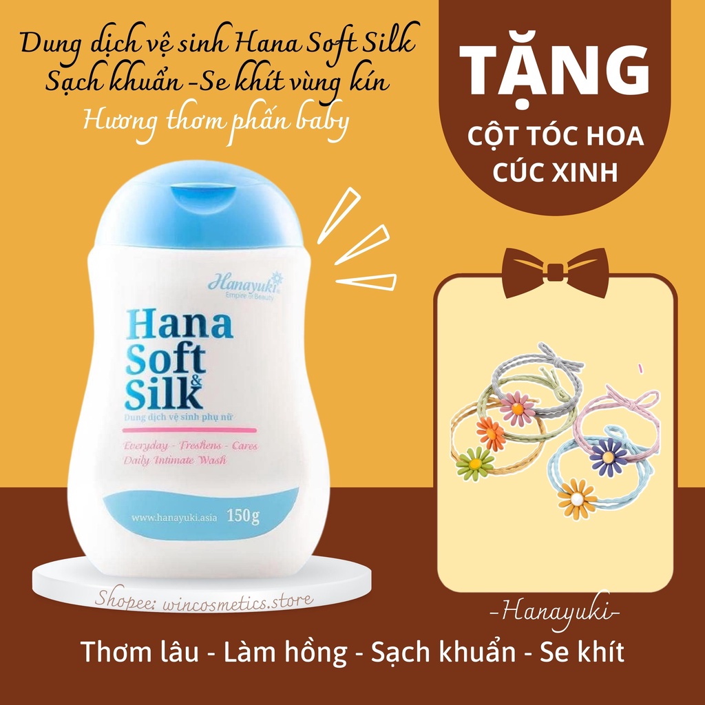 Hana Soft Silk chính hãng Hanayuki, thơm phấn baby, sạch khuẩn, ngừa viêm ngứa, thơm mát 150g
