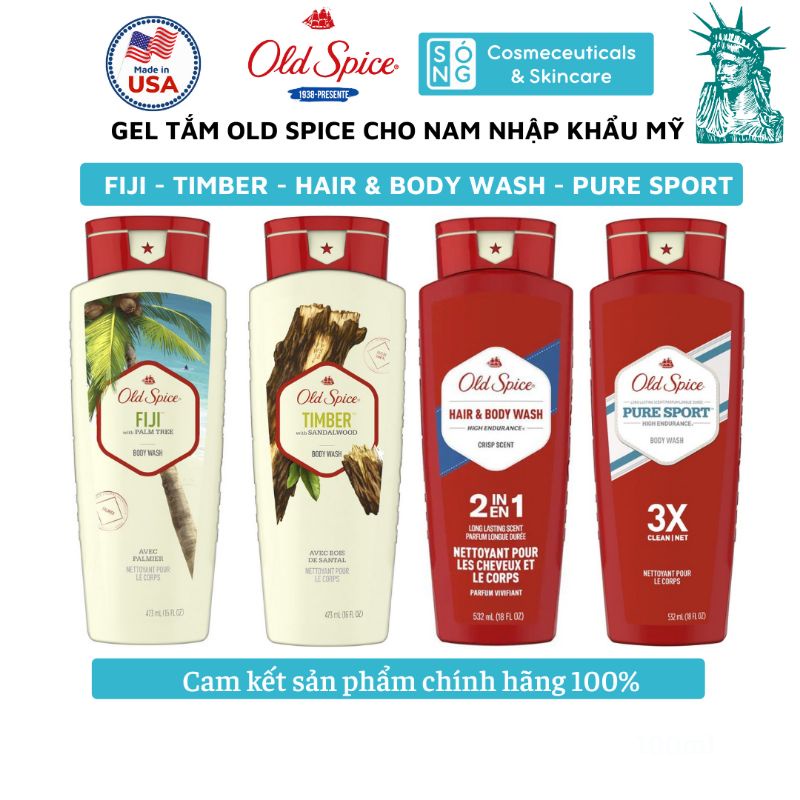 [AUTH] Gel Tắm Và Tắm Gội Từ Mỹ Old Spice Pure Sport | Hair &amp; Body Wash | Timber | Fiji Dành Cho Nam 532ml