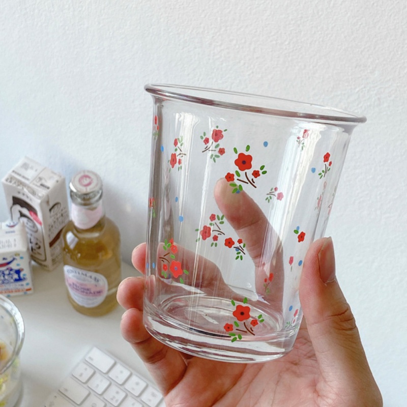 Cốc Thủy Tinh Uống Sữa Nắp Lật Thấp Họa Tiết Hoa Xinh Xắn