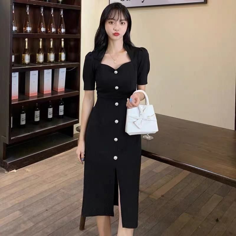 H&G Áo Dài Đầm Dài Cổ Vuông Xẻ Tà Màu Đen Quyến Rũ Phong Cách Retro Kiểu Pháp Thời Trang Xuân Hè Cho Nữ