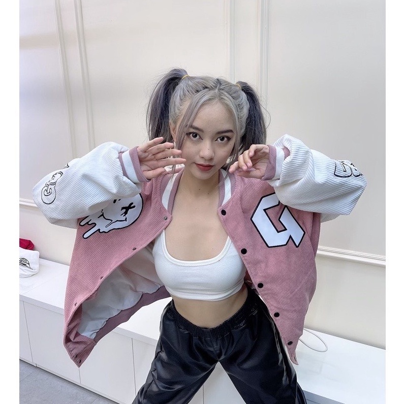 Áo Varsity Jacket Unisex Form rộng nhung tăm 2 lớp Hình thêu 100% Áo khoác bomber nữ Gonz Bóng chày màu hồng