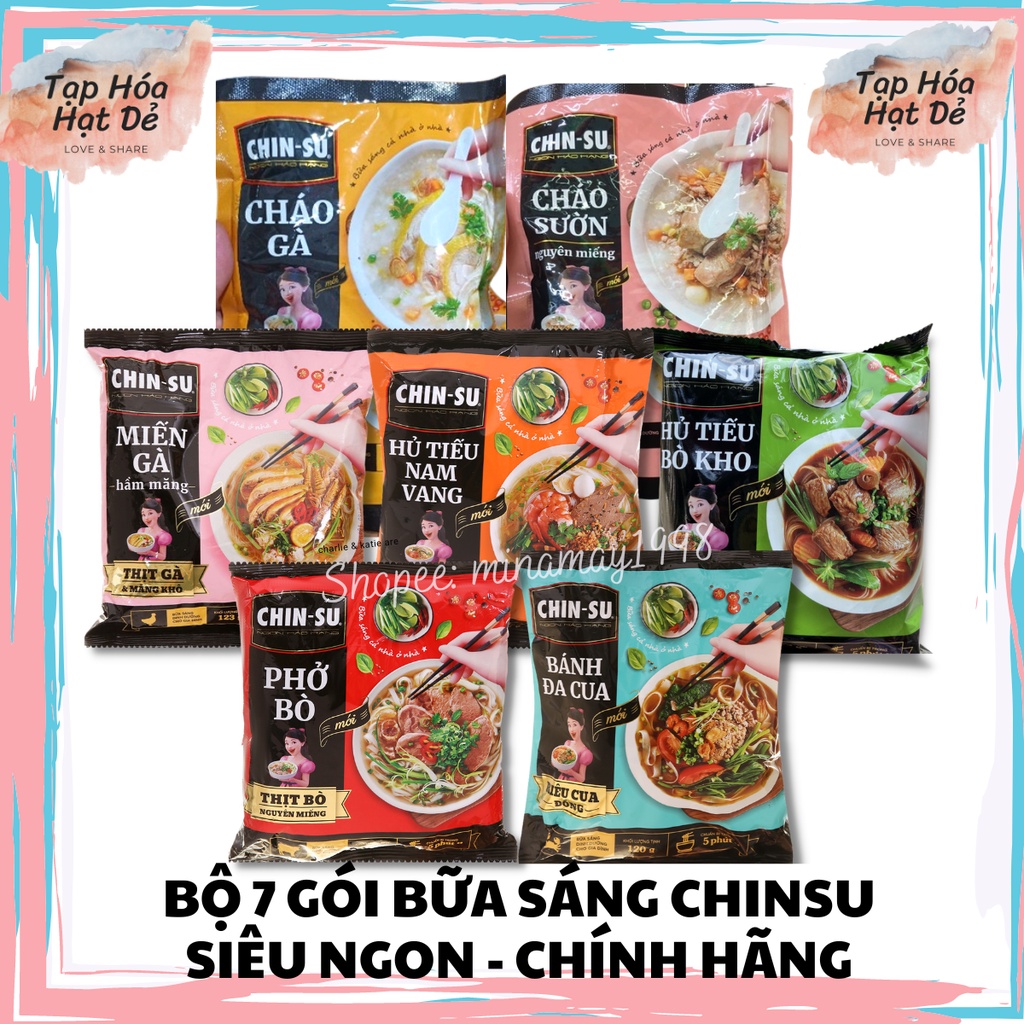 Bộ 7 gói bữa sáng hoàn chỉnh Chinsu (7 vị:bánh đa cua, phở bò, miến gà, hủ tiếu thập cẩm, hủ tiếu bò kho, cháo gà, sườn)