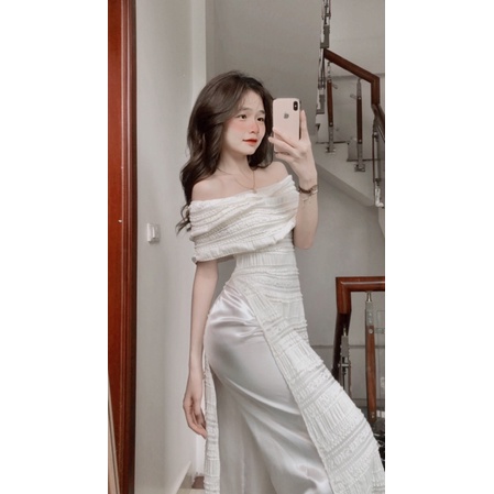 sét Áo dài trễ vai ren tiểu thư tôn dáng (Cả set)