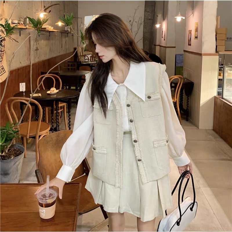 Set áo sơ mi phối chân váy dạ xếp ly và áo khoác gile vải dạ tweeed phong cách tiểu thư cho nữ