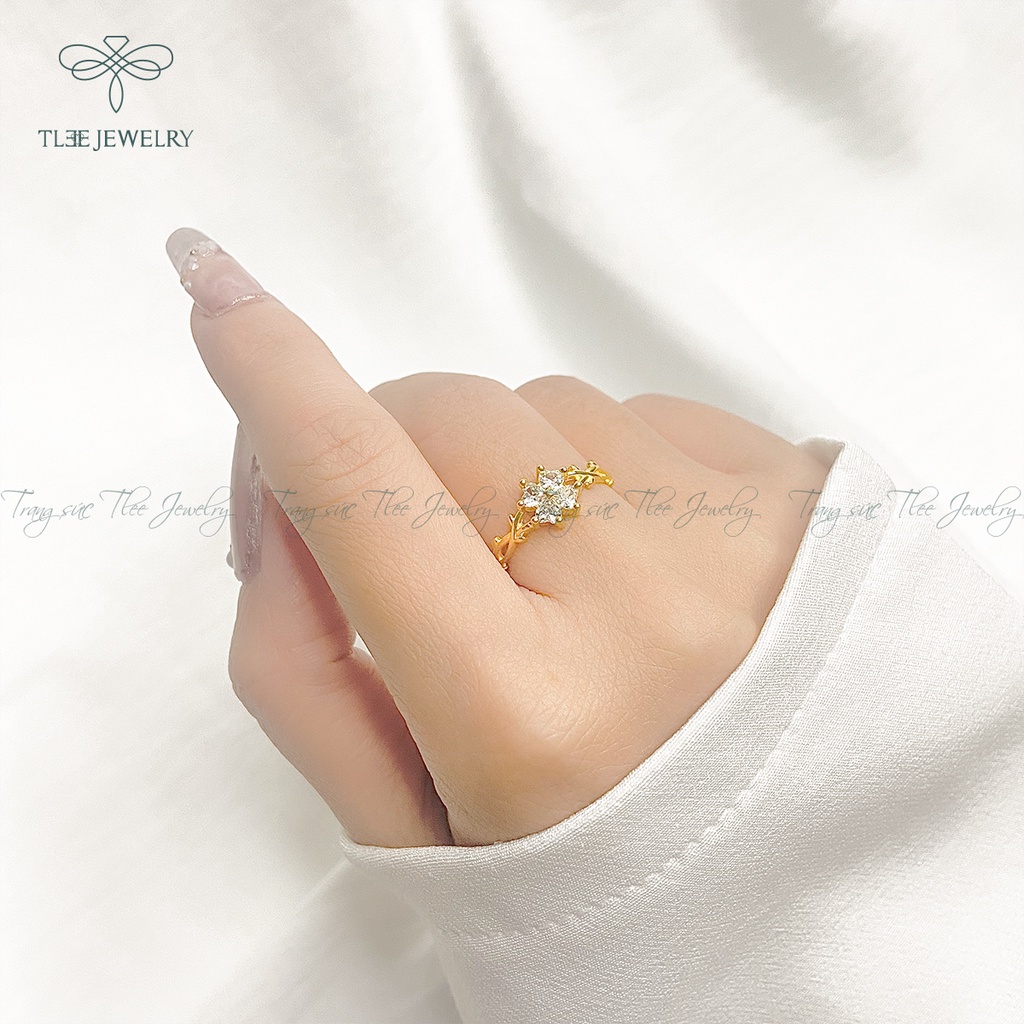 Nhẫn bạc nữ TLEE cỏ bốn lá mạ vàng 14k đính đá cao cấp NCJ A0135