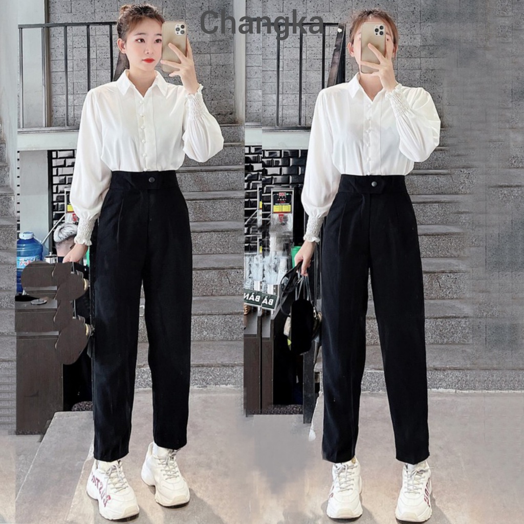 Quần tây baggy đi học nữ cạp có đai lưng cao màu xanh đen dáng dài Quần vải nữ công sở dày dặn phối áo sơ mi đi học làm