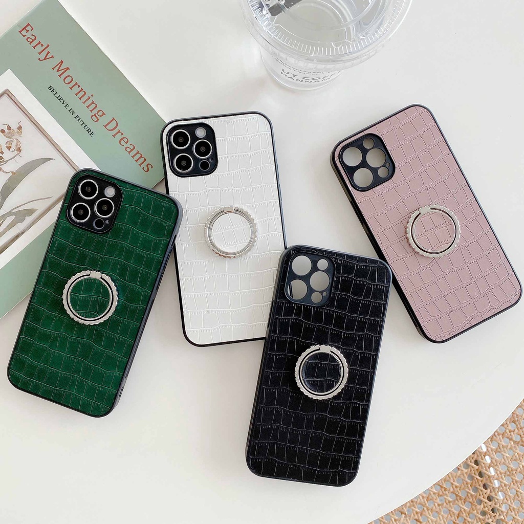 Ốp Điện Thoại Vân Da Cá Sấu Màu Xanh Lá / Đen Gắn Nhẫn Đỡ Cho iPhone 13promax 12 11 xsmax xr xs 7P