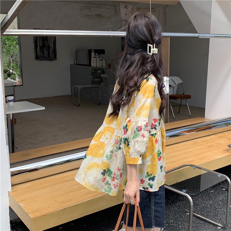 SUXI Áo Kiểu Tay Dài Cổ Tròn Hoạ Tiết Hoa Phong Cách Hàn Quốc