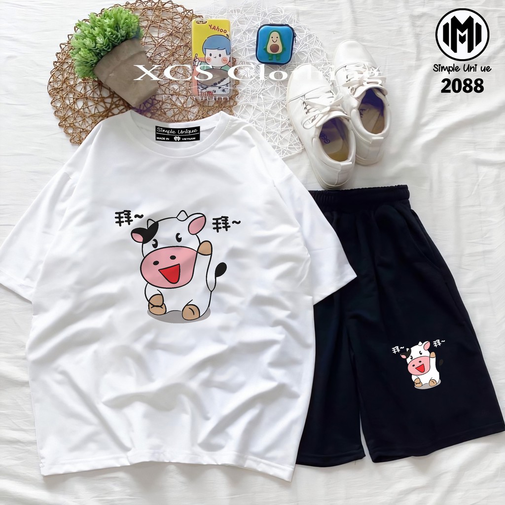 Đồ Bộ Hoạt Hình Unisex BÒ SỮA Aossi , Set Cartoon,  Thun Cotton , Quần short Unisex Nam Nữ Đều Mặc Được