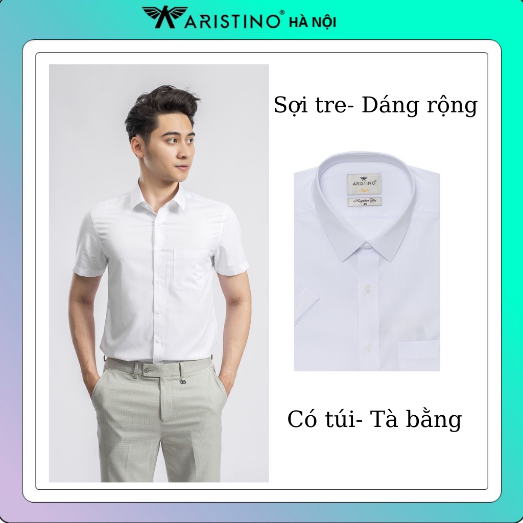 Áo sơ mi nam ngắn tay Aristino màu trắng trơn sợi tre kháng khuẩn ,dáng rộng ,tà bằng, có túi ASSR01