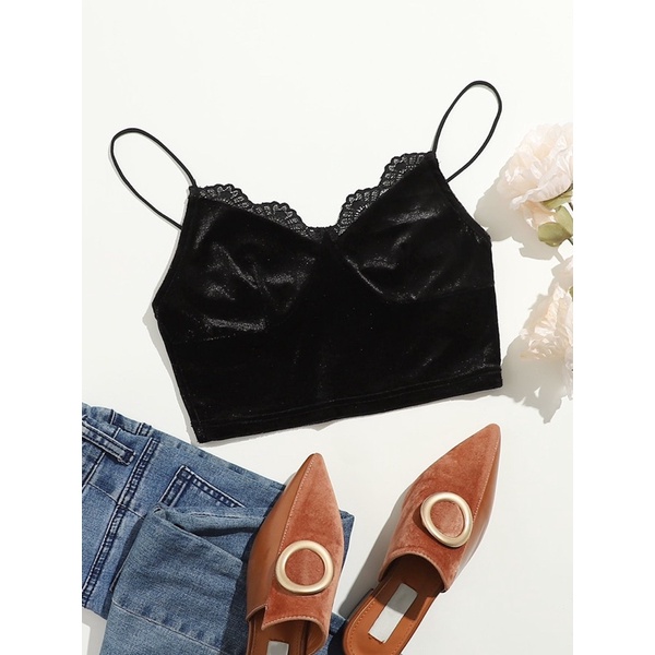 Áo hai dây nhung croptop phối ren [Hàng order Shein]