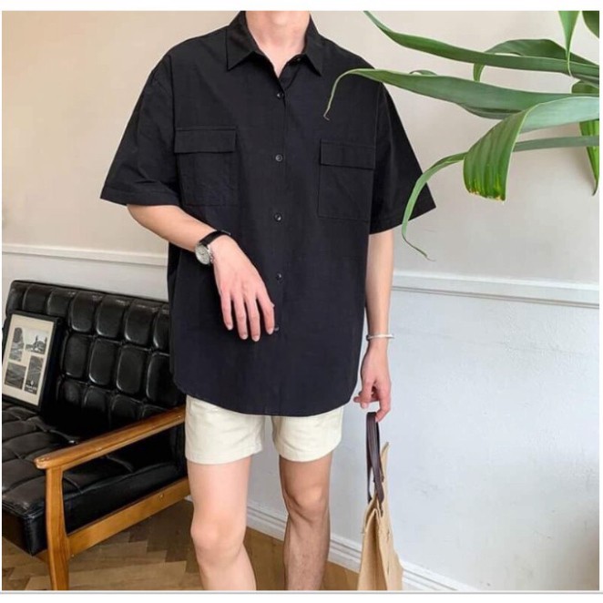 Áo sơ mi đen ngắn tay unisex nam nữ siêu hot | BigBuy360 - bigbuy360.vn