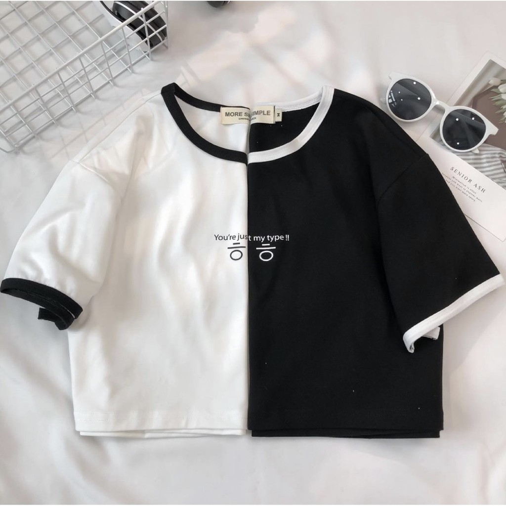 Áo croptop viền cổ đen trắng - croptop nữ tay ngắn thêu chữ ngực you are just my type