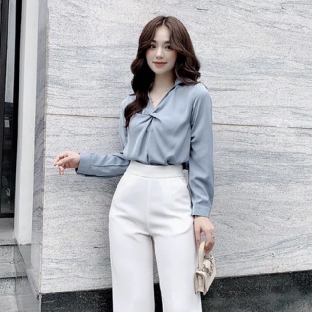 Áo sơ mi lụa dài tay cổ bẻ xoắn ngực sexy siêu xinh l1 pl