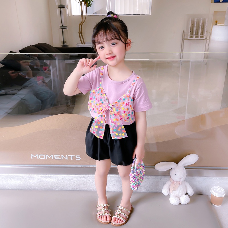 Set Áo Thun Thắt Nơ Phối Chân Váy Đen Hồng Thời Trang Cho Bé Gái