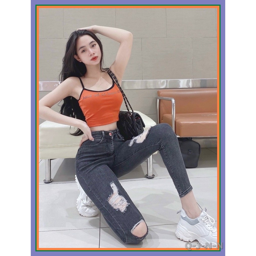 Quần jean nữ lưng cao RÁCH hình thật xám đen tiêu chất jean giãn tốt M29/12-11