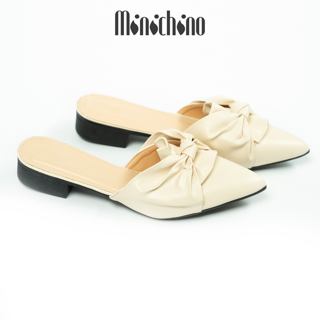 Giày sục nữ gót cao 3cm MINICHINO xoắn nơ mũi nhọn thời trang hở gót màu đen TC019 | BigBuy360 - bigbuy360.vn