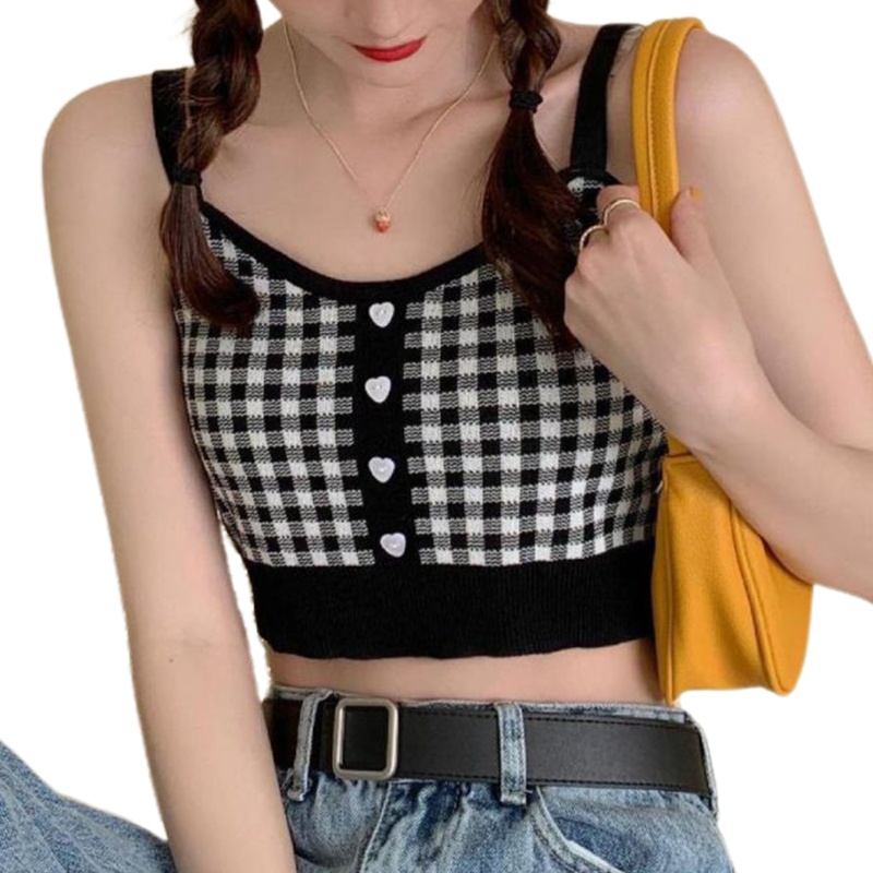 Áo Croptop Dệt Kim Hai Dây Cài Nút Họa Tiết Sọc Caro Phong Cách Pháp Cho Nữ