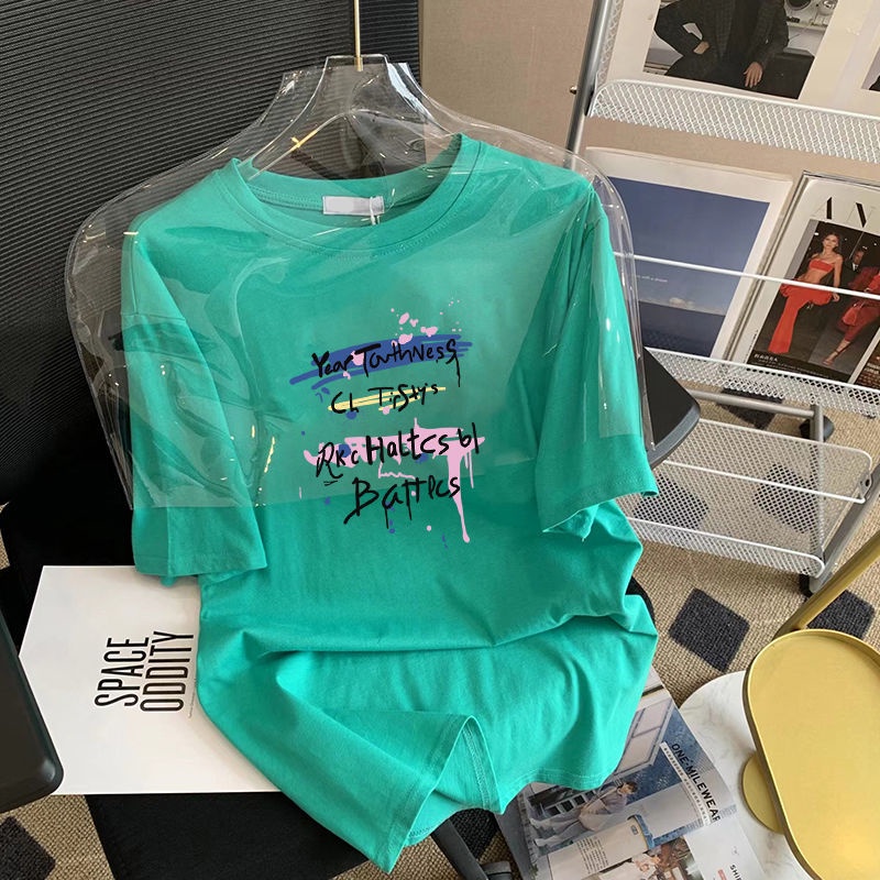 Áo Thun Nữ Ngắn Tay Cổ Tròn In Chữ Phong Cách Hàn Quốc Mới