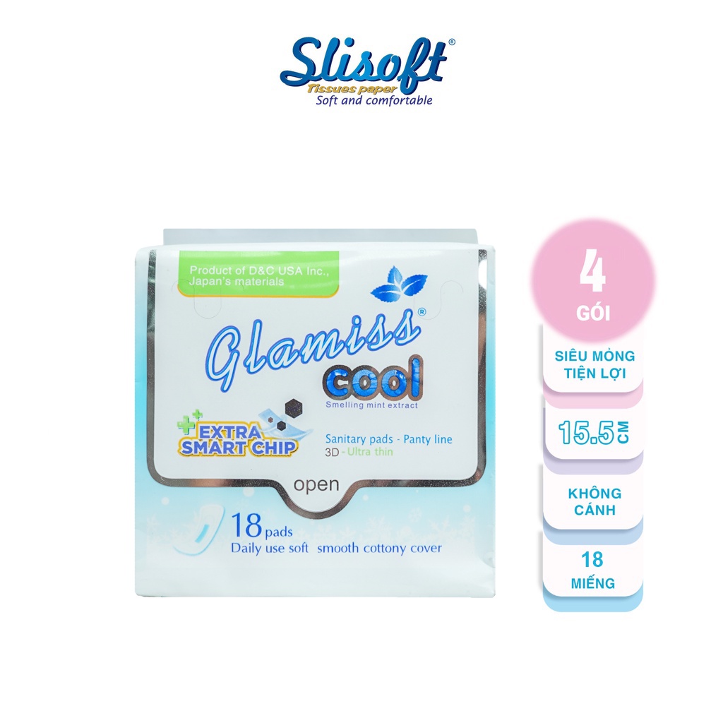 Bộ 4 gói Băng vệ sinh hàng ngày Doctor Care Glamiss Cool Extra, bvs nhỏ gọn tiện lợi dài 15,5 cm 18 miếng