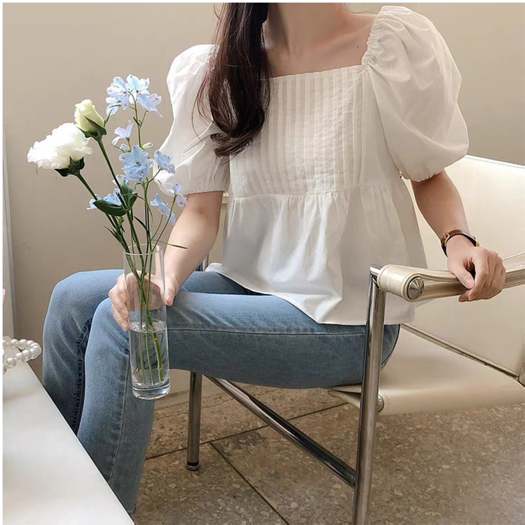 Áo sơ mi nữ tay bồng màu trắng be A856, kiểu áo nữ cộc tay cổ vuông xếp ly ngực, dáng áo babydoll đẹp trẻ trung cá tính
