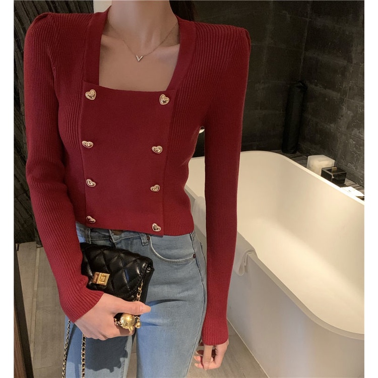 Áo sweater Dệt Kim Tay Dài Cổ Vuông Hai Hàng Nút Thời Trang Thu Đông Hàn Quốc Cho Nữ