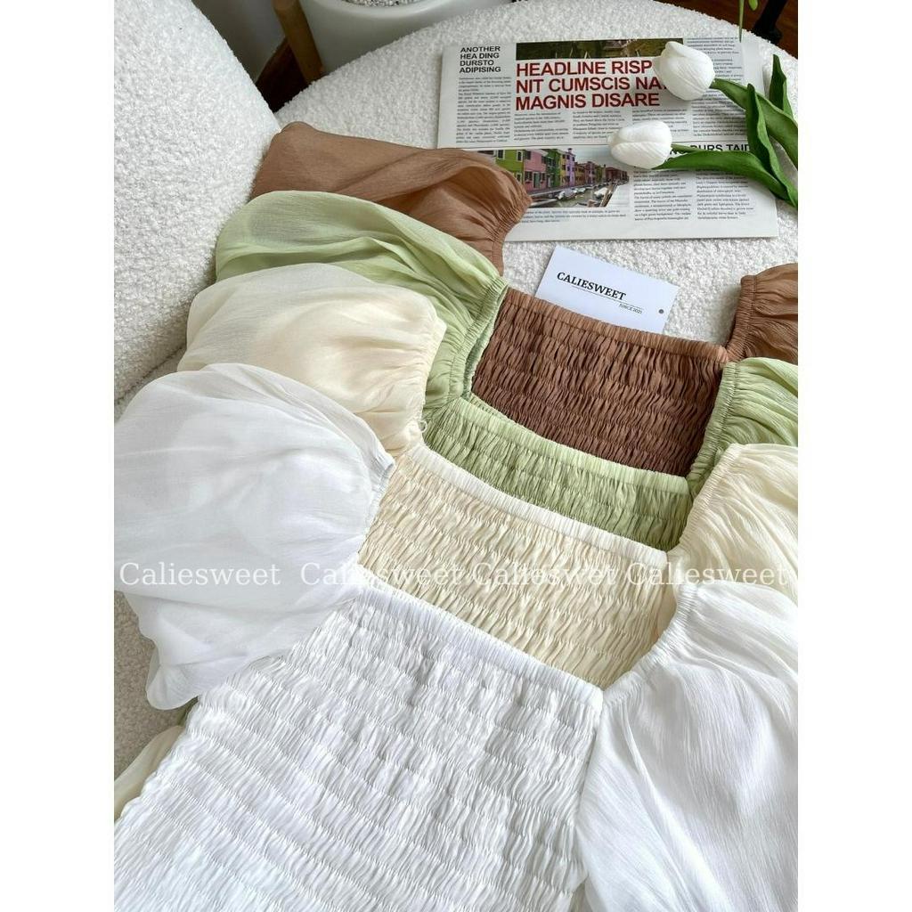 Váy maxi tay bồng Caliesweet váy maxi cổ vuông 2 lớp tôn dáng phong cách điệu đà