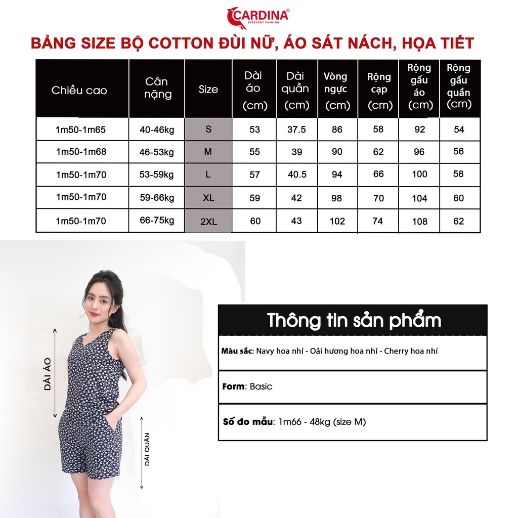 Đồ Bộ Nữ 𝐂𝐀𝐑𝐃𝐈𝐍𝐀 Chất Cotton Organic Quần Đùi Áo Sát Nách Co Giãn 4 Chiều Họa Tiết 2CF22