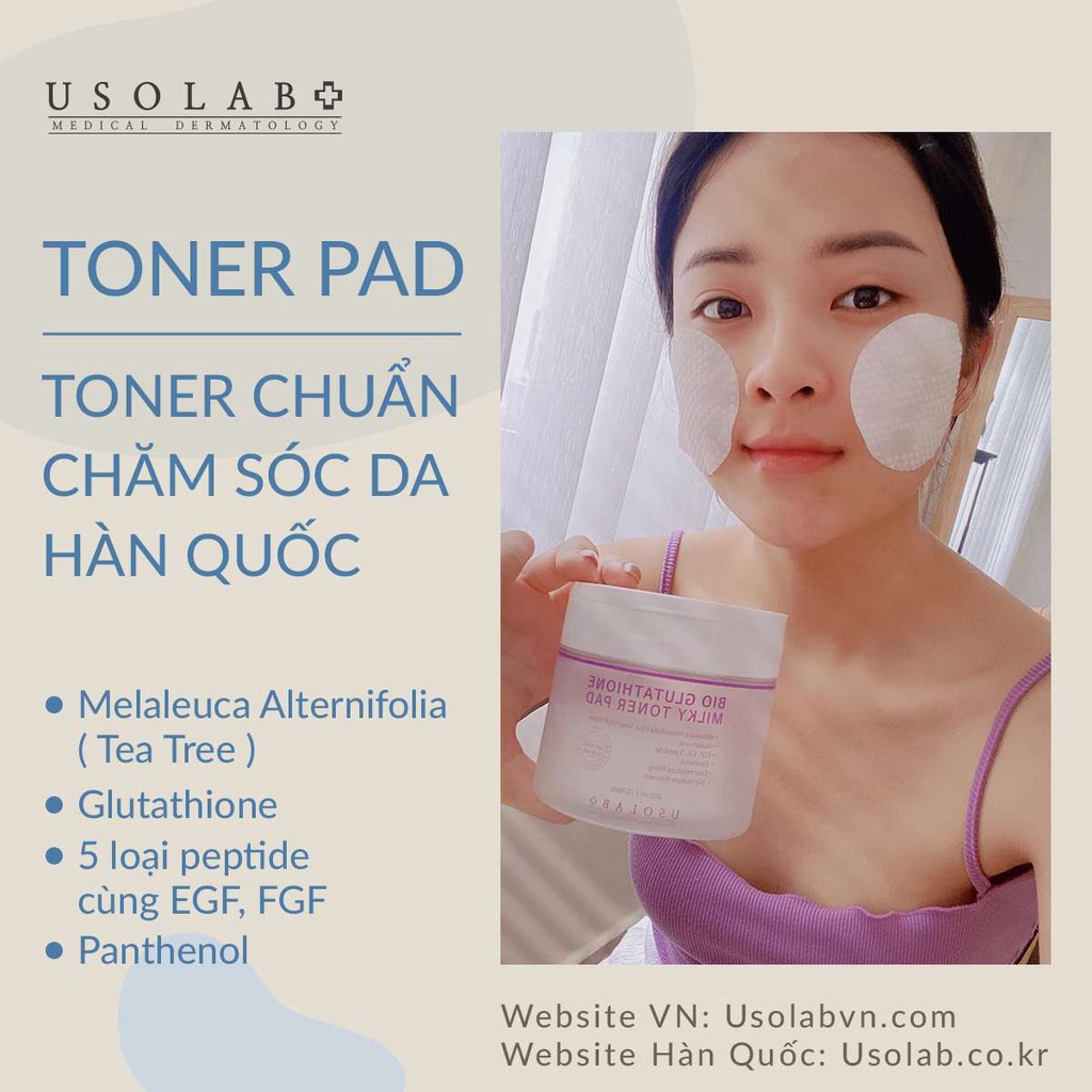 Toner Pad trắng da, thu nhỏ lỗ chân lông Usplab Bio Glutathione MilkyToner Pad 200ml 70 Miếng