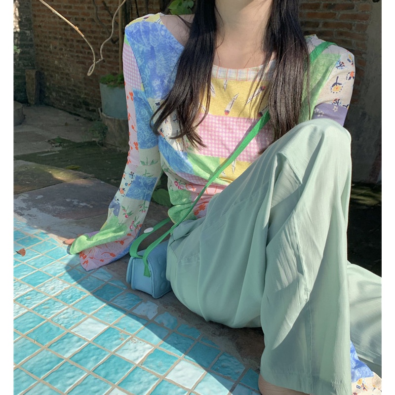 Áo Thun Tay Dài Dáng Rộng In Họa Tiết Phối Màu Thời Trang Mùa Hè Xinh Xắn Cho Nữ