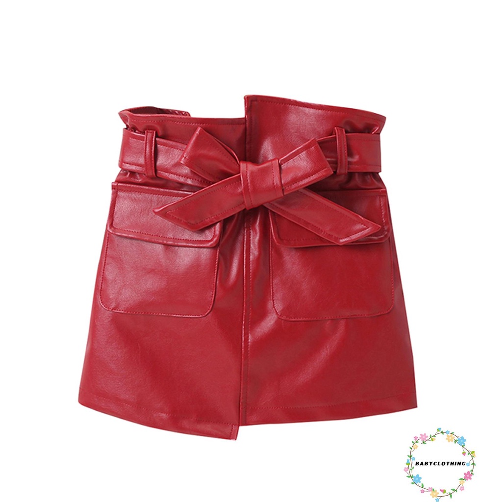 Chân váy ngắn da PU dáng chữ A lưng cao màu trơn có túi và dây thắt lưng thời trang thu đông dành cho bé gái