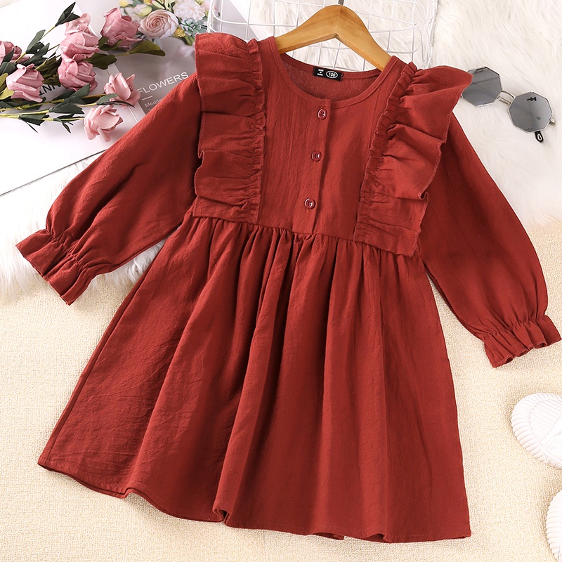 Đầm cotton SIYYIS tay dài phối bèo màu đỏ Hàn Quốc thanh lịch cho bé gái 2-8 tuổi