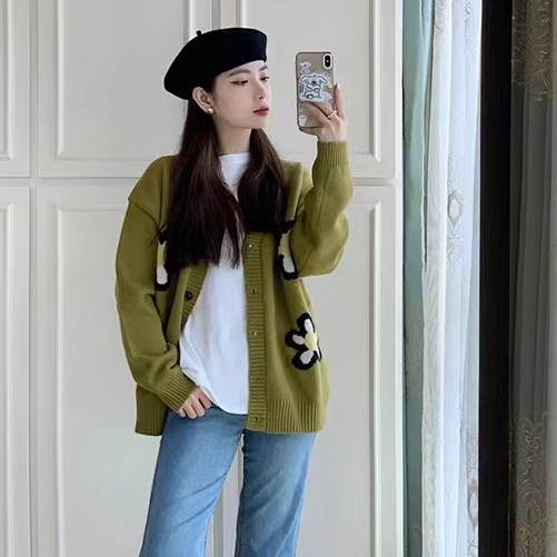 【ZHELIHANGFEI】Áo Cardigan Dệt Kim Tay Dài Cổ Chữ V Dáng Rộng Phong Cách Preppy Nhật Bản